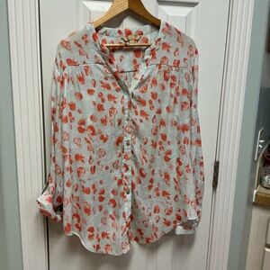 Hope & Harlow SZ XL Vneck Rolltab Blue Abstract Flowers Lightweight Button Up